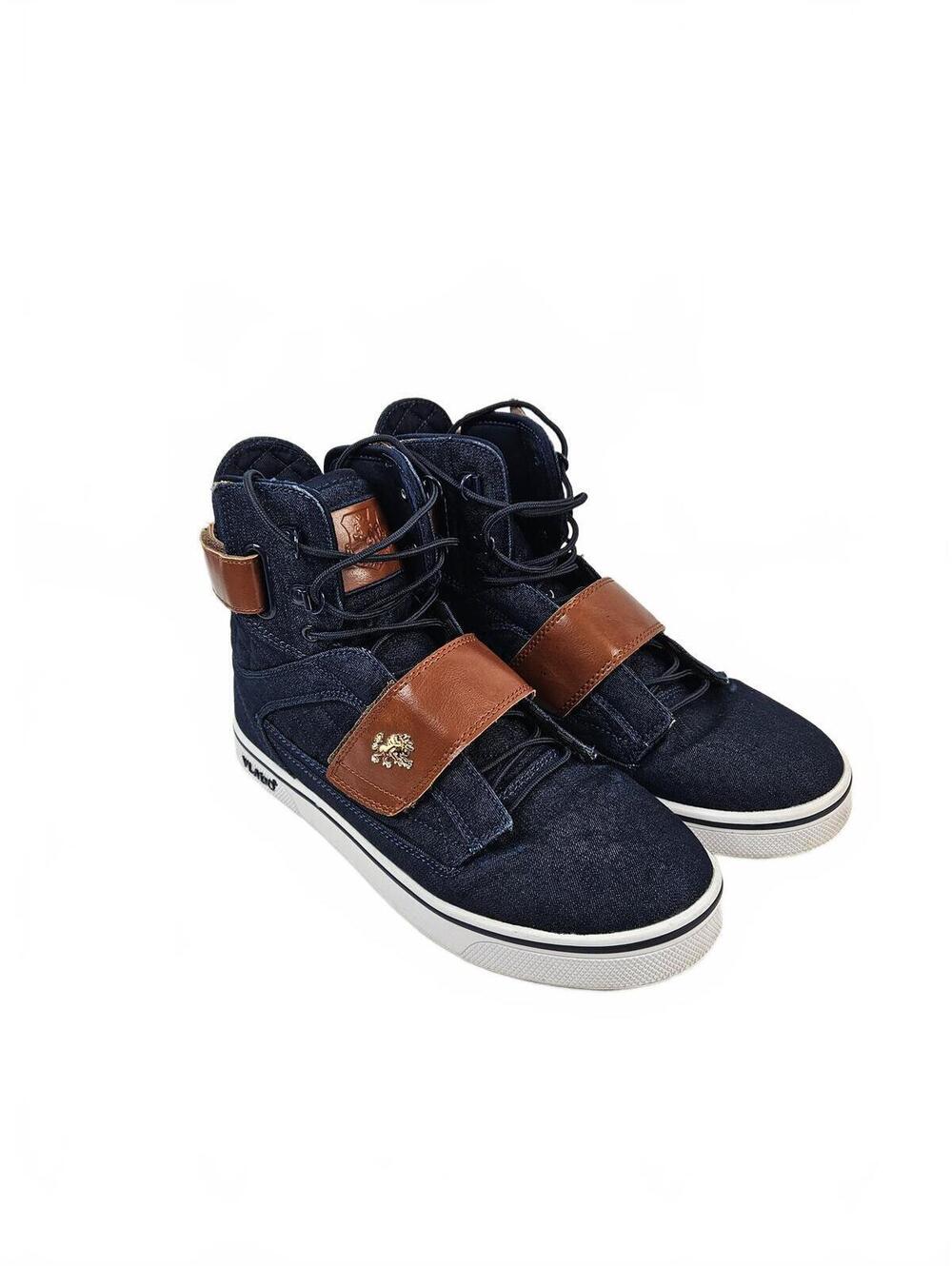 Vlado Denim High Top Sneakers with Brown Leather Straps Size 10